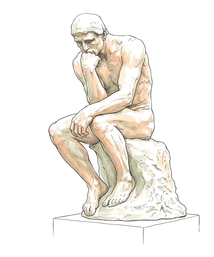 An ink-and-wash drawing of Rodin's The Thinker, seated with his chin on his hand