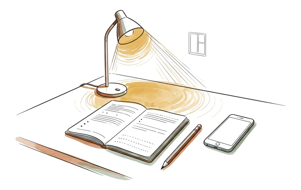 An open doorway casting warm light across a study desk