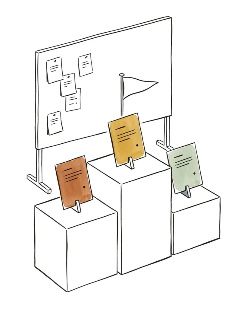 A three-step podium of ranked cards beneath a pennant, with a noticeboard behind