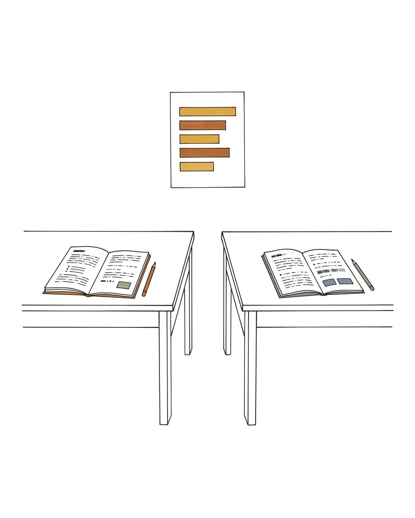 Two answer sheets facing each other beneath a scoreboard