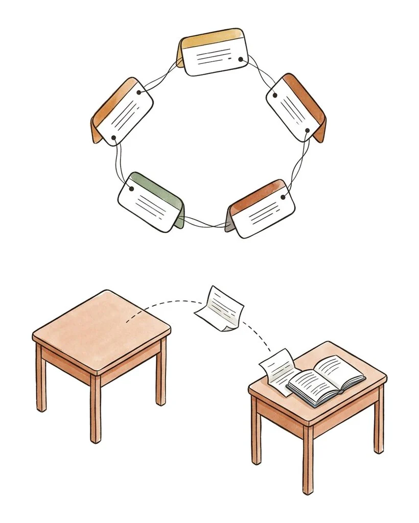Folded notes passing between two desks beneath a ring of linked name cards