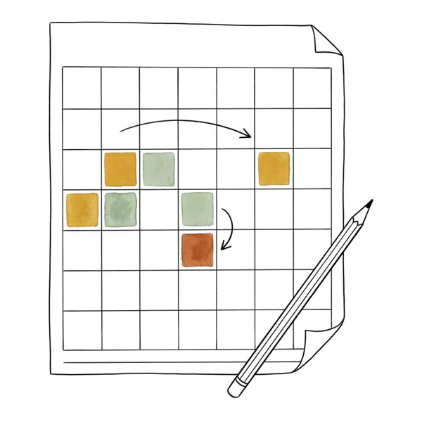 A weekly planner grid with sessions moved by hand-drawn arrows